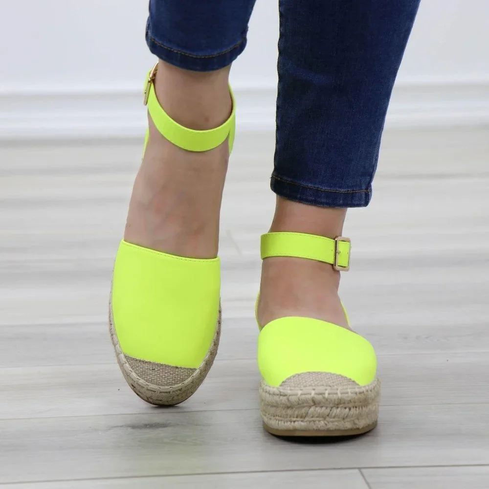 Neon Yellow Espadrille Ankle-Strap Sandals